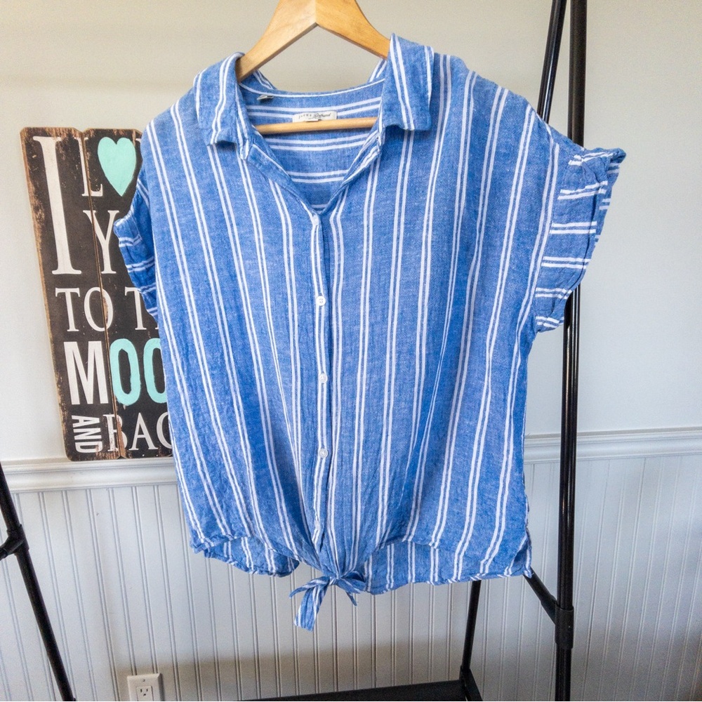 Jachs Girlfriend Blue & White Short Sleeve Button Up Blouse Tie Front Size L